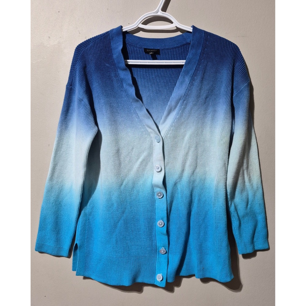 Talbots Womens Blue Ombre Ribbed V-Neck Cardigan Sweater Cotton Tencel Blend M